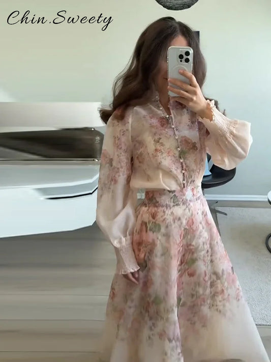Elegant Floral Printed Long Skirts Set Women Loose Full Sleeve Single Breasted Shirts Pleated Skirt 2025 Summer Lady New Suits