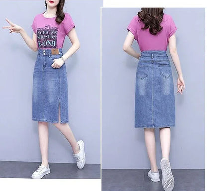 Jeans Skirts for Women Woman Denim Skirt High Waist Midi Maxi Long with Pocket Slit Chubby Modest Quality Luxury Elegant Stylish