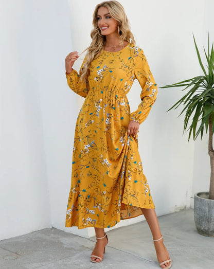 Women Eid Muslim Dresses Tight Waist O Neck Ruffles Spliced Casual Vestidos Flowers Dress Dubai Kaftan Islam Morocco Arab