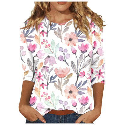 2024 Women Summer Tops Comfortable T Shirt Fashion Flower Print Round Neck 3/4 Sleeve Tops Soft Versatile Pullover Ropa De Mujer