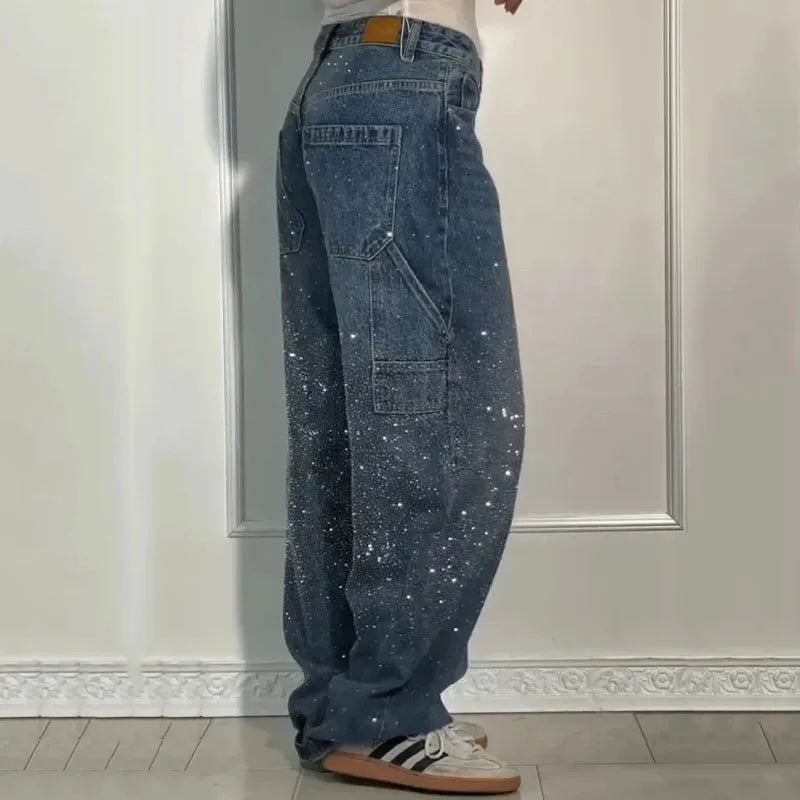 New Women Casual Hot Drilling Jeans Autumn Winter Cowboy Trousers High Waist Button Pockets Fashion Female Loose Straight Pants