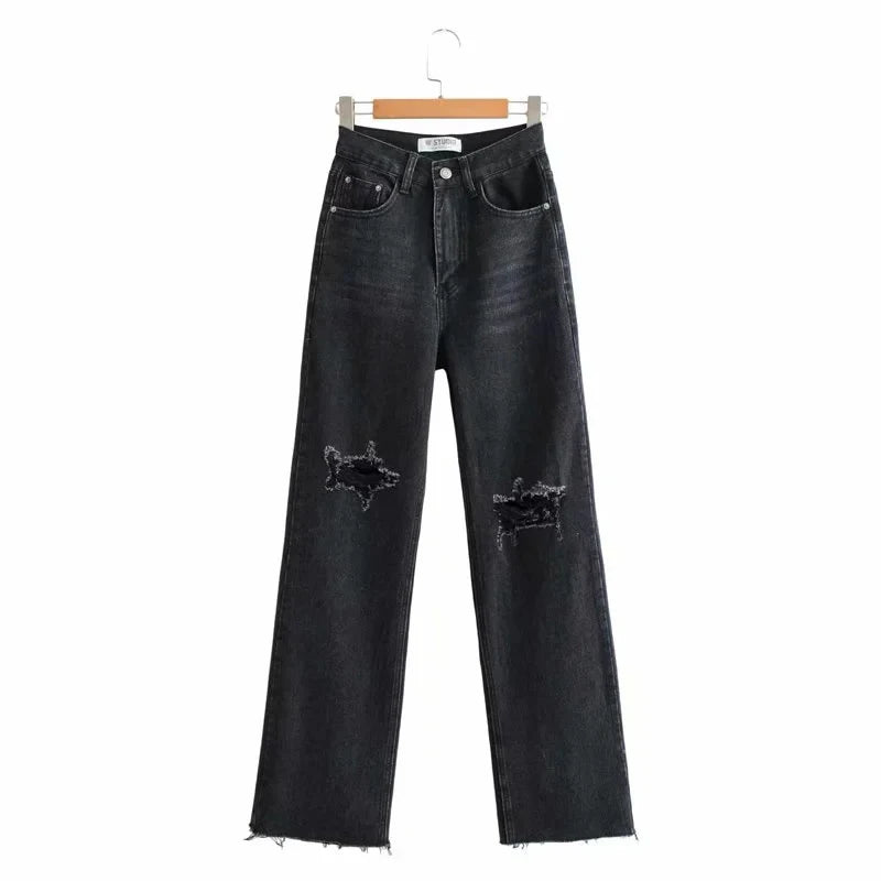 MiuKoMiYa Ripped Jeans For Women 2023 Streetwear Straight Denim Pants High Waist Long Denim Trousers Women Hollow Out Jeans