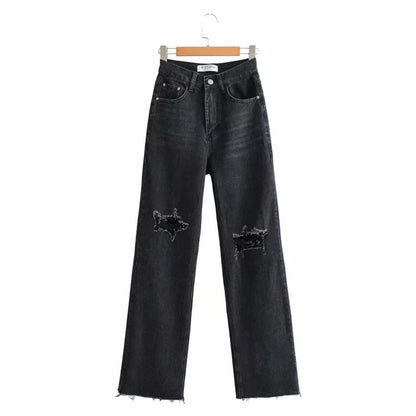 MiuKoMiYa Ripped Jeans For Women 2023 Streetwear Straight Denim Pants High Waist Long Denim Trousers Women Hollow Out Jeans
