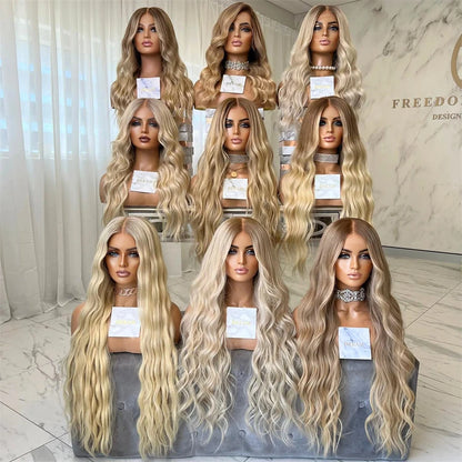 Wig female Ombre Platinum Blonde with Ash Brown Roots Natural Wig Synthetic Fibre Mixed Human Hair Wig Straight Full Wig HD Lace