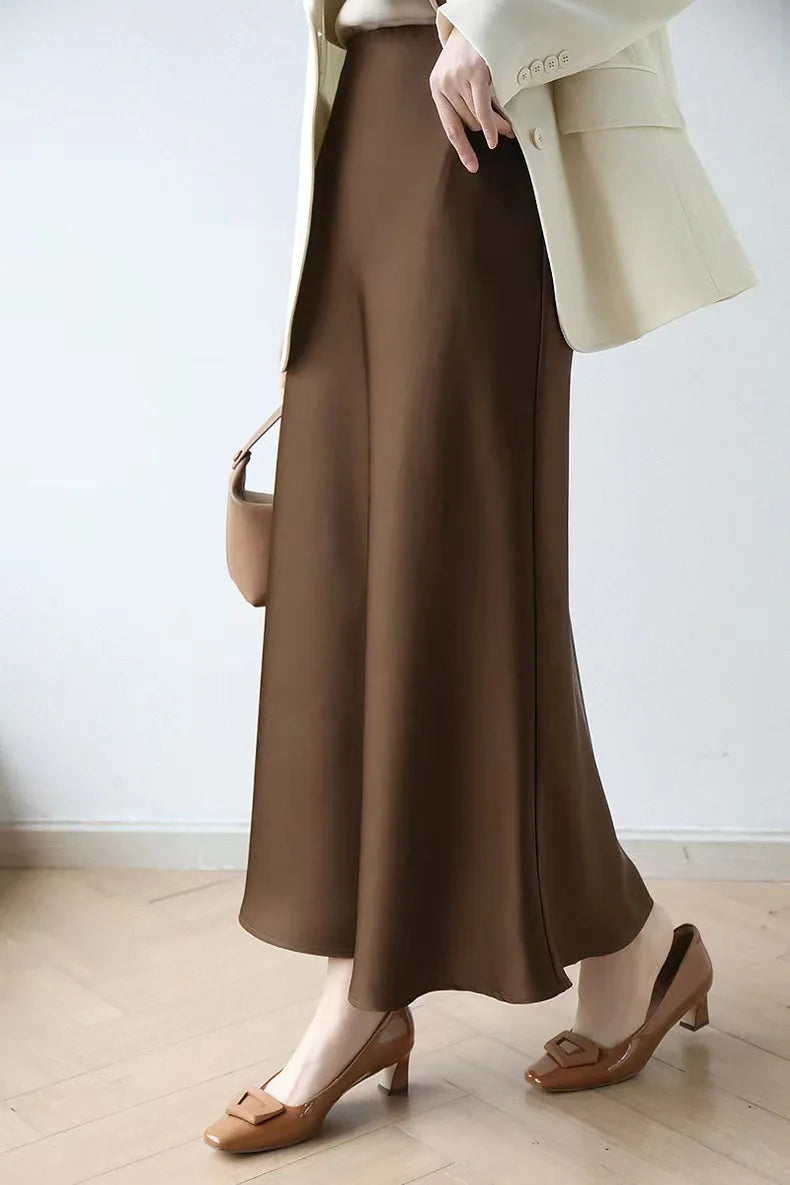 Long Skirts for Women High-waisted Thin Satin Acetate Silky Fishtail Skirt Korean Fashion Clothing Elegant Women's A-line Skirt