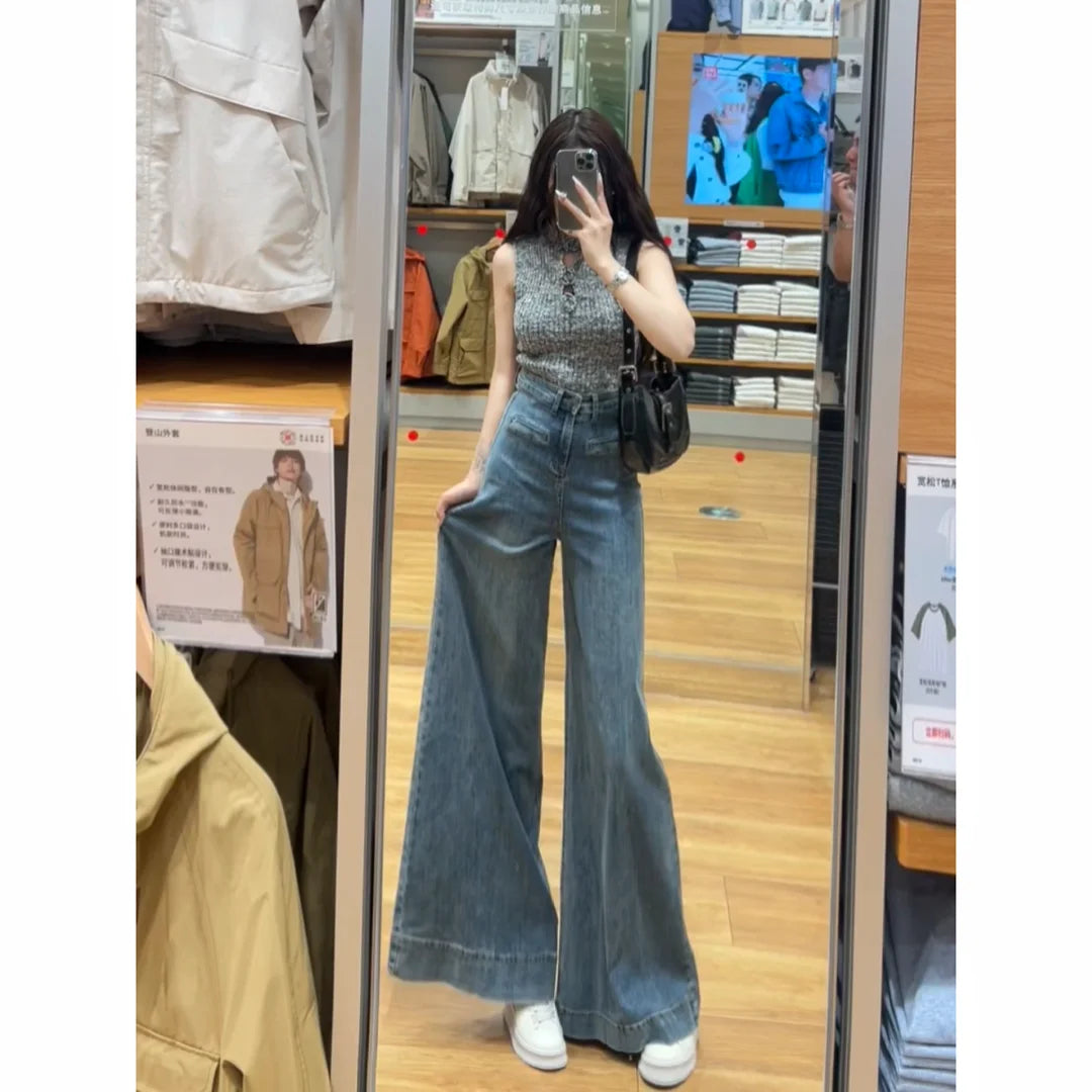 White Jeans with Pant Legs Women 2025 Spring New Temperament Korean Version of High Waist Loose Look Slim Wide Leg Pants Jeans