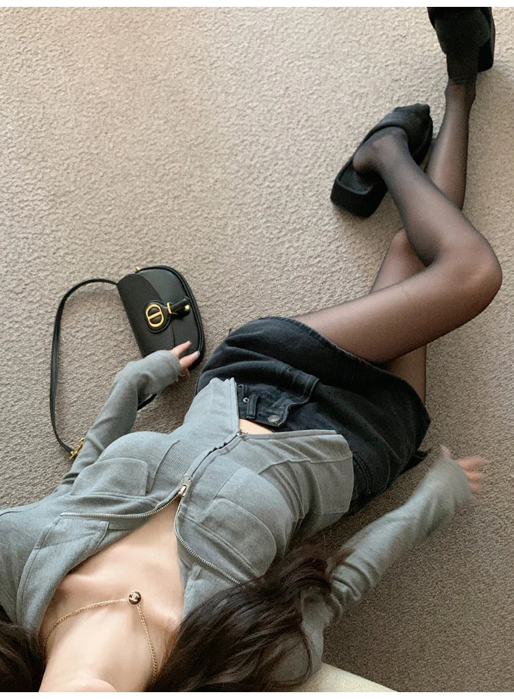 Women T-shirt Spring Autumn Clothes Ribbed Knitted Long Sleeve Short Tops Zipper Design Tee Sexy Female Slim Tops