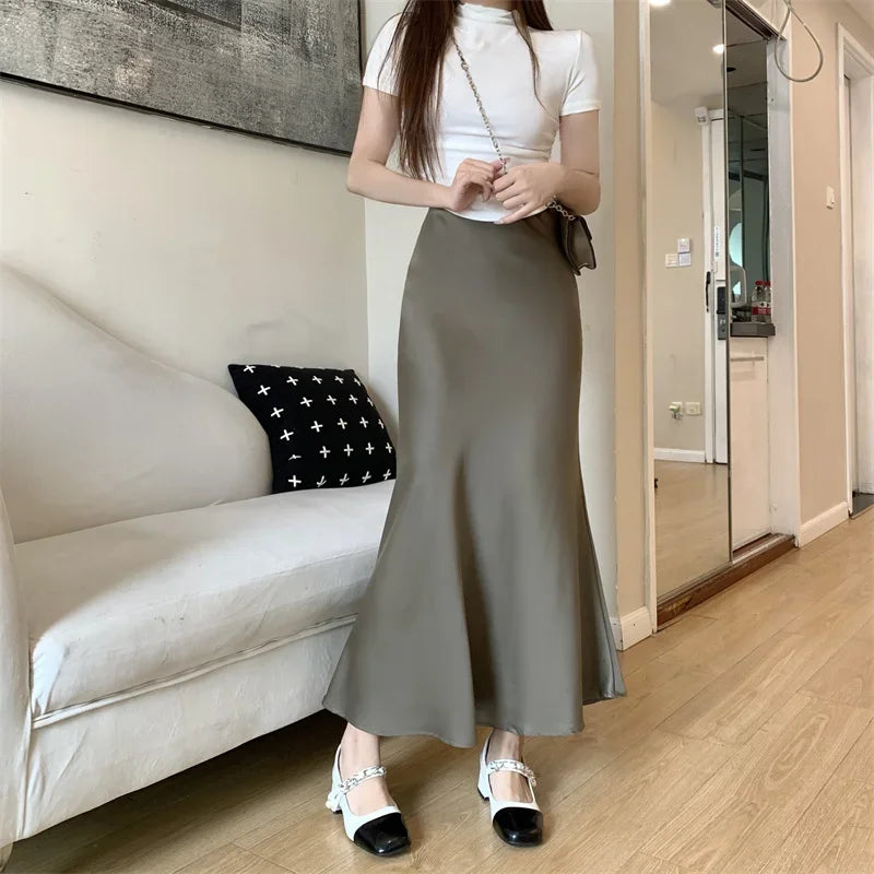 Satin Skirts for Women Korean Reviews Many Girls Clothes Women's 2025 Summer NEW High Waisted Mid Long Skirts Fashion women skir