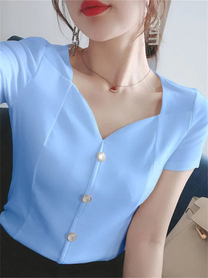 Womens Tops And Blouses Summer Short Sleeve Blouse Women Blusas Mujer De Moda 2022 Turtleneck Knitted Blouse Shirt Tops