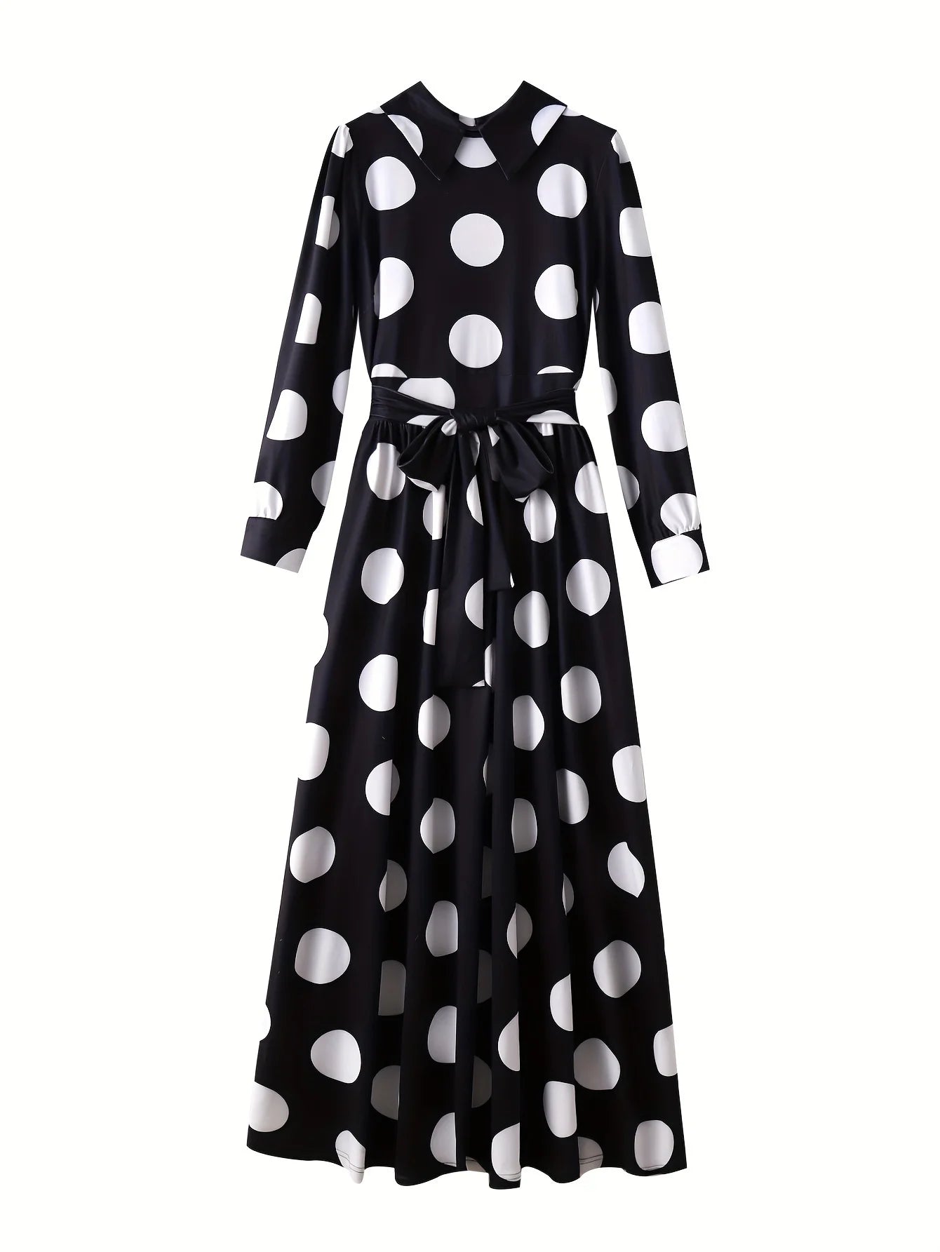 Casual Dresses Elegant Women Long Dress Sleeve Female Robe Bow Knot Polka Dots Girl's Vestidos Lady's Maxi Dresses