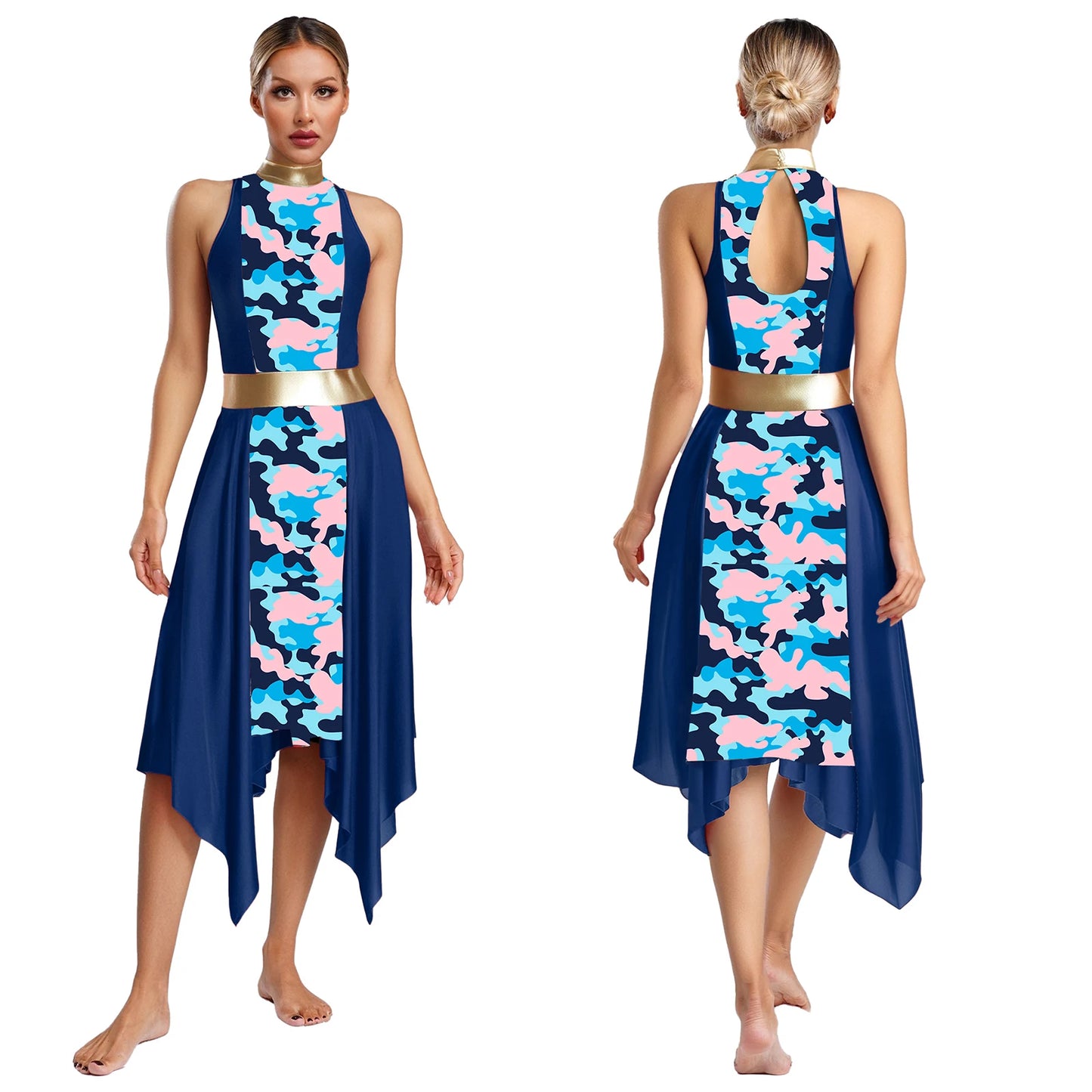 Women Modern Lyrical Dance Dress Church Choir Worship Praise Liturgical Costume Sleeveless Print Irregular Hem Gown Dancewear