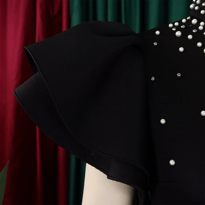 Elegant Dresses for Women O Neck Ruffles Sleeve Beaded Sheath Package Hips Mid Calf Luxury Birthday Party Dinner Vestidos Mujer