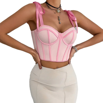 Woman Clothing Top Women T-shirt Tank Top Female Clothes Tops Tanks Camis Crop Top Y2K Sexy Ribbon Tie-Up Fishbone Camisole