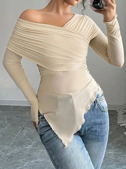 Women's Tops Summer Casual Fashion V-Neck Long Sleeve Strapless Top T-Shirt Women Clothing Feminist Shirt Harajuku Y2k Top