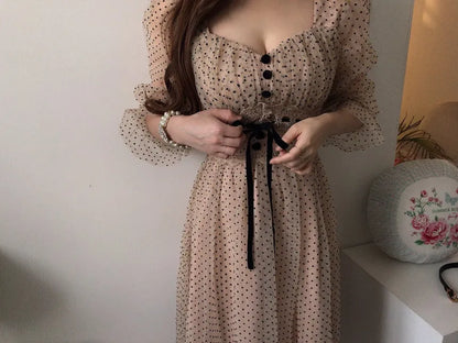 Women Clothing Vestidos Vintage Dress Elegant Square Neck High Waisted Lace Organza Polka Dot Dresses Chic Summer 2025 Slim