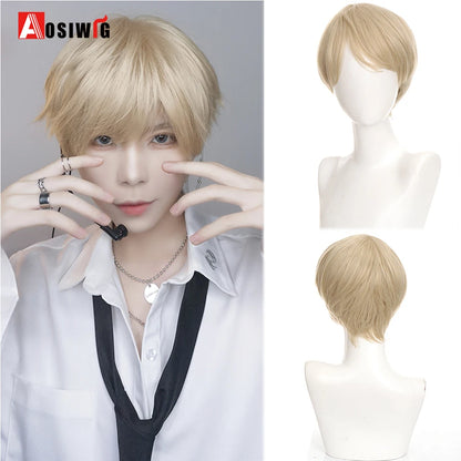 AOSIWIG  Short Curly Cosplay Men Boy Party Light Yellow Synthetic Heat Resistant Hair Wigs Men's Breathable Wig
