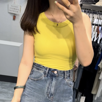 Women's Tank Top Crop Sexy Off Shoulder O Neck Solid Ribbed Knitted Casual Sport Vest Basic Elastic Camisole