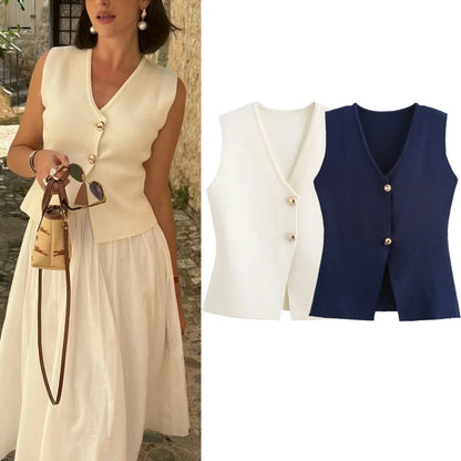 TRAF Tops Women 2024 Summer Autumn Elegant Knitted Tank Vest Top Ladies Fashion Casual White Black Short Sleeveless Vest Tops