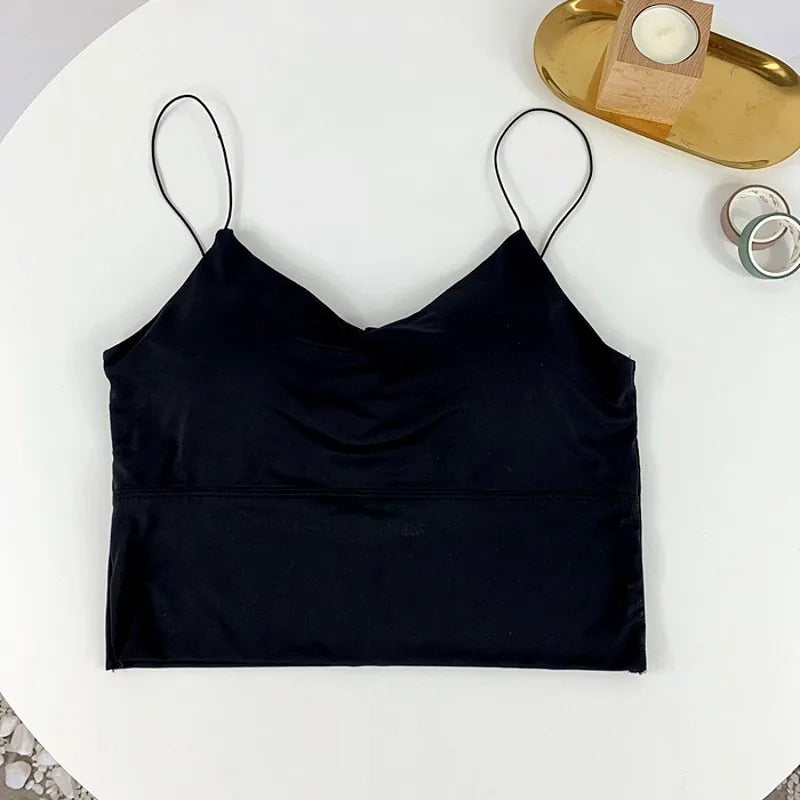 Sexy Women Crop Tops Ice Silk Summer Bra Sports Spaghetti Strap Vest Top Women Built In Bra Off Shoulder Sleeveless Camisole