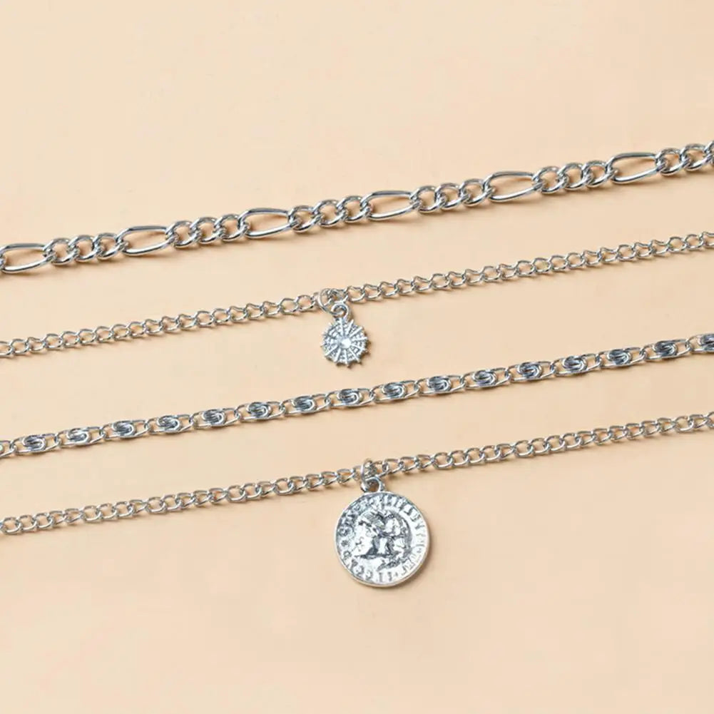 Women Necklace Multi-layered Coin Pendant Punk Style Necklace Hollow Chain Adjustable Length Hip Hop Club Party Neck Jewelry
