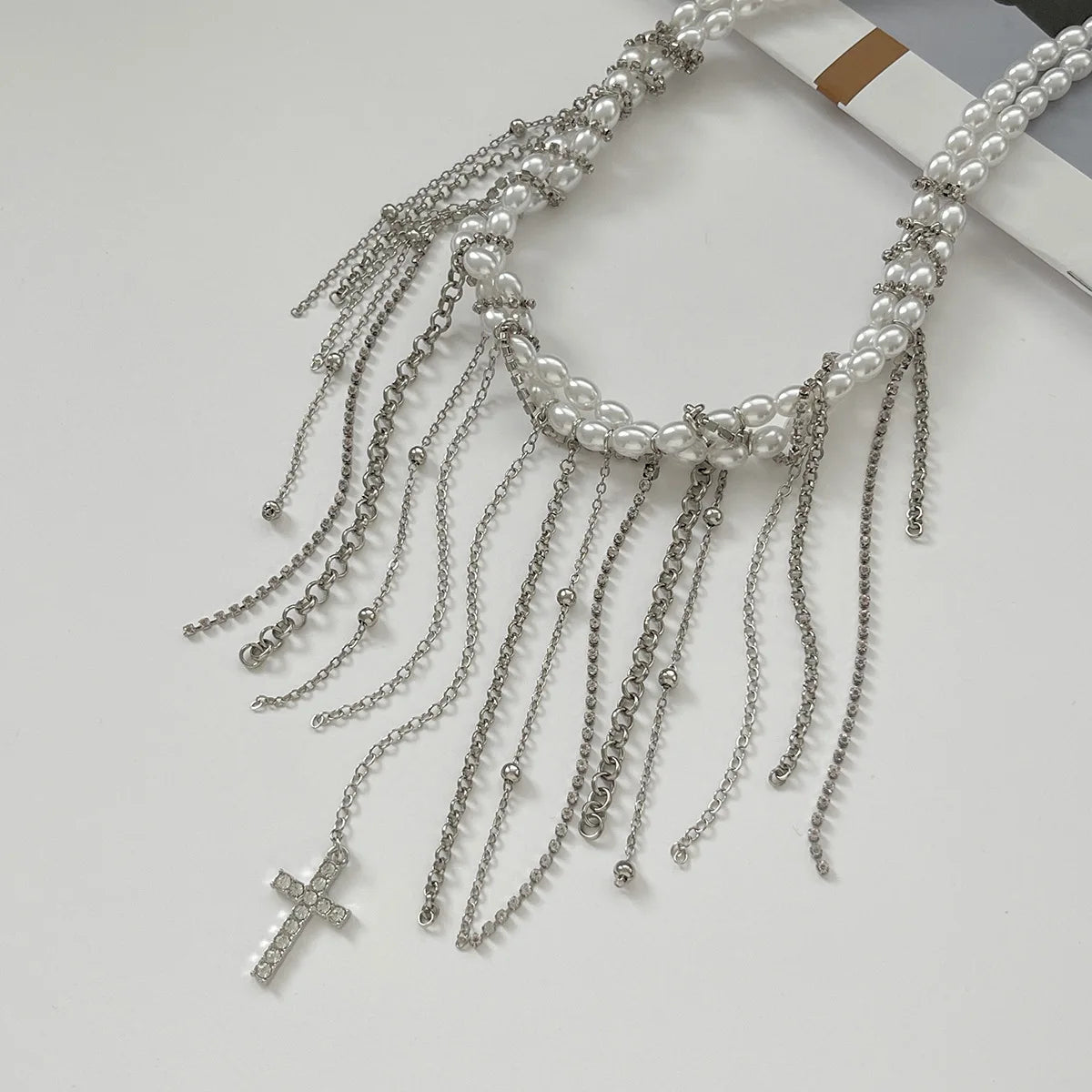 Necklaces for Women Heart-shaped Cross Imitation Pearl Tassel Long Necklace Colliers Femmes Girl Stuff