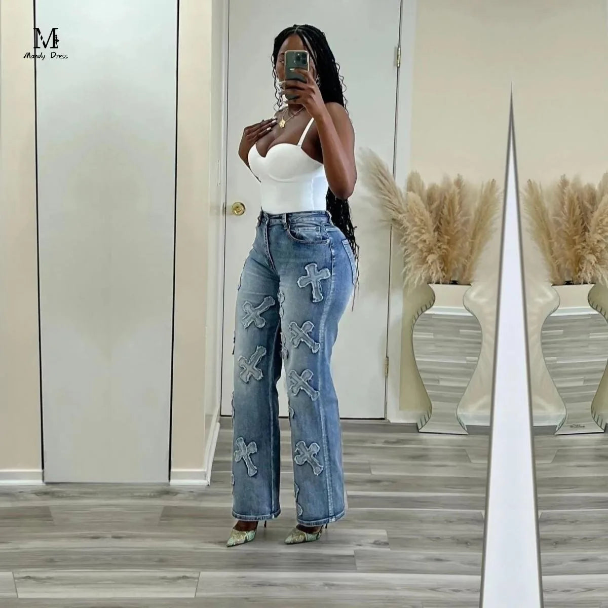 Fashion Women Cotton Jeans High Waist Vintage Wash Denim Tassels Cross Trousers Y2K Streetwear Straight Leg Pants 2024