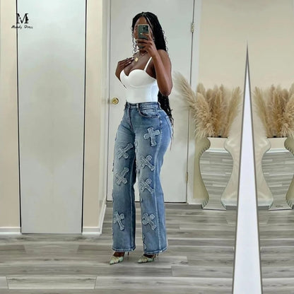 Fashion Women Cotton Jeans High Waist Vintage Wash Denim Tassels Cross Trousers Y2K Streetwear Straight Leg Pants 2024