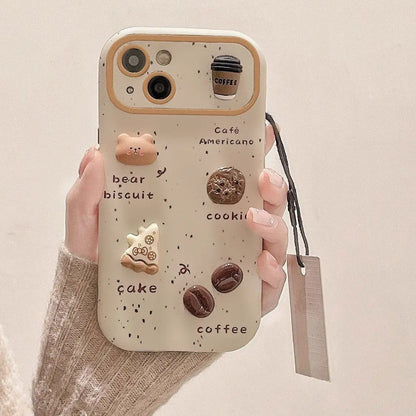 Cute Bear Coffee Phone Case, for IPhone 11 15 14 13 12 Pro Max 15Pro 14Pro Shockproof Silicone Cover ,with Lanyard Full Cases