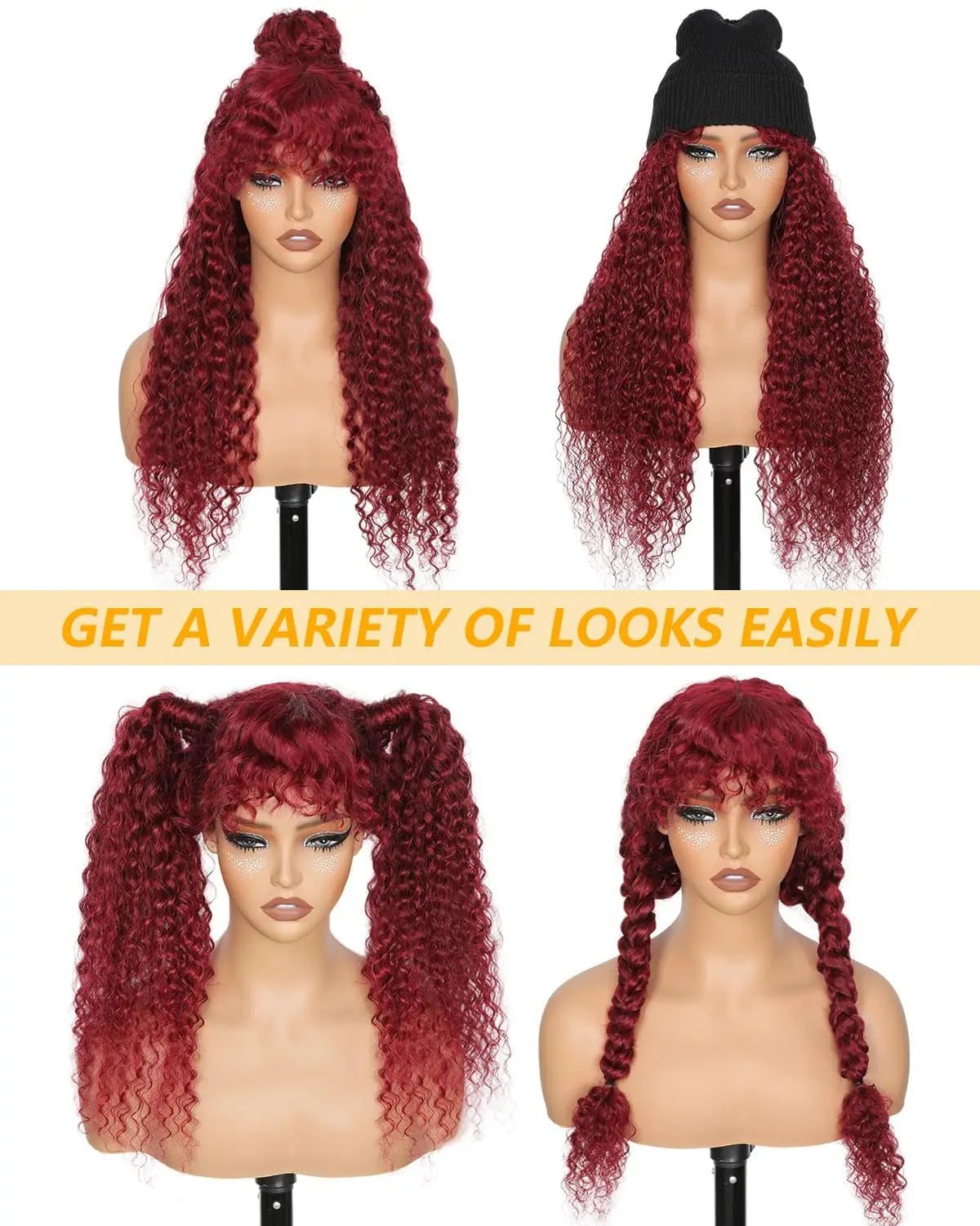 Glueless 200% Density 99J Burgundy Full Machine Made Deep Wave Wig with Bangs Water Wave Red Curly Human Hair Wigs Wear and Go