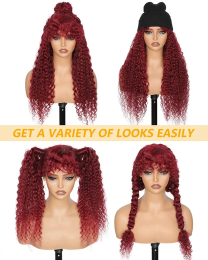 Glueless 200% Density 99J Burgundy Full Machine Made Deep Wave Wig with Bangs Water Wave Red Curly Human Hair Wigs Wear and Go