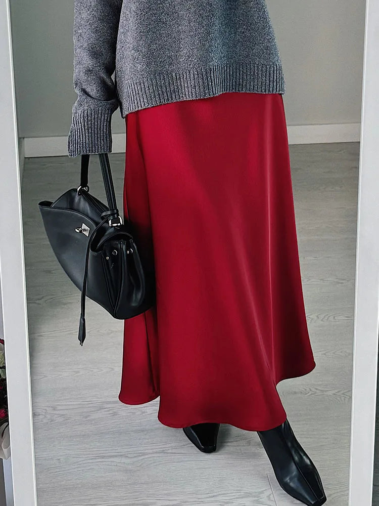 Long Black Satin Skirts Women For Work Summer Autumn Straight Brown Skirt Long Belt Coffee Formal Silk Maxi Skirt For Ladies