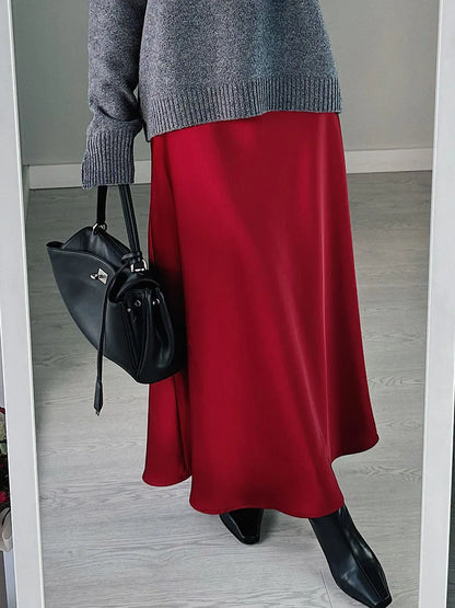 Long Black Satin Skirts Women For Work Summer Autumn Straight Brown Skirt Long Belt Coffee Formal Silk Maxi Skirt For Ladies