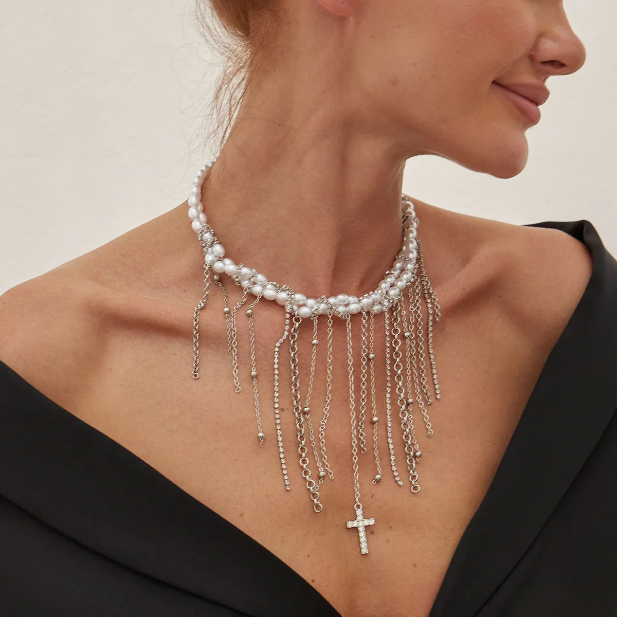 Necklaces for Women Heart-shaped Cross Imitation Pearl Tassel Long Necklace Colliers Femmes Girl Stuff