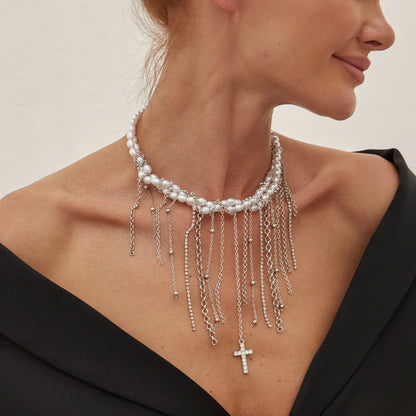 Necklaces for Women Heart-shaped Cross Imitation Pearl Tassel Long Necklace Colliers Femmes Girl Stuff