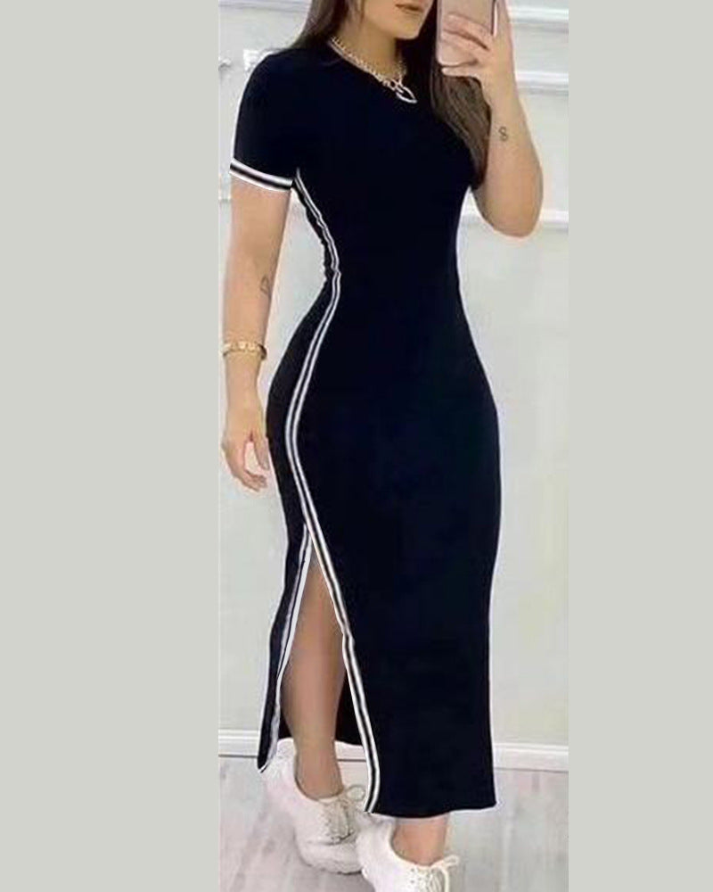 Womens Dresses Spring Fashion Striped High Slit Casual 0-Neck Short Sleeve Daily Skinny Maxi A-Line Dress Woman Clothing