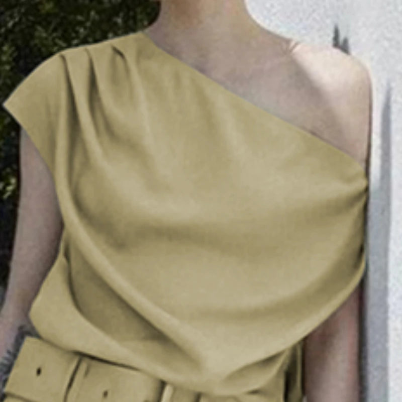 Beautyblue Turmeric Women's Tops One-Shoulder T-Shirts 2025 New Fashion Pleated Slanted Shoulders Sexy Loose Summer Tee Female
