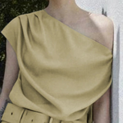 Beautyblue Turmeric Women's Tops One-Shoulder T-Shirts 2025 New Fashion Pleated Slanted Shoulders Sexy Loose Summer Tee Female