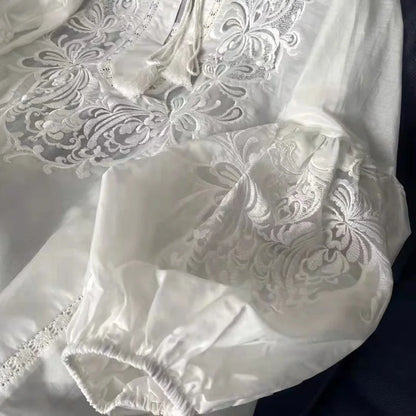 Tops Fashion Designer Blouses 2024 Spring Summer Tops Women Lurex Embroidery Long Sleeve Casual Loose White  Cotton Blouse