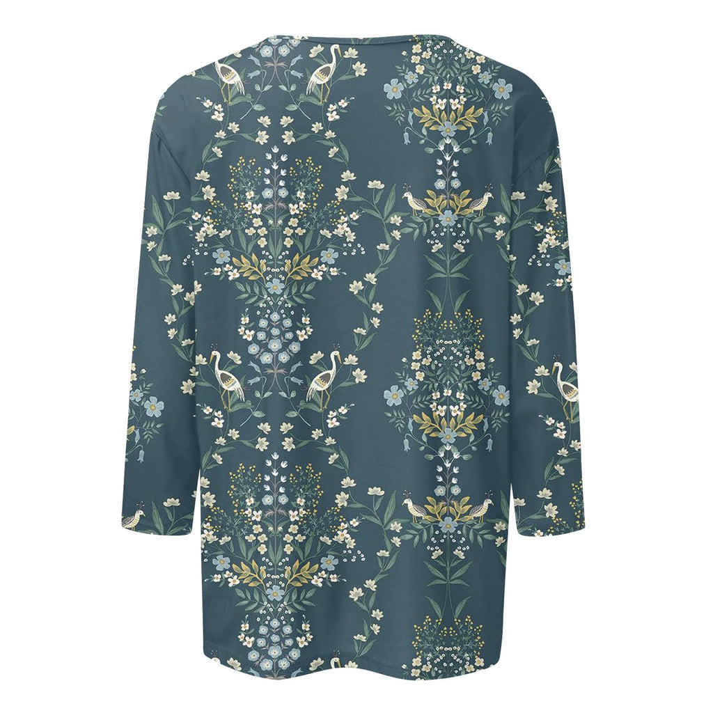 2024 Women Summer Tops Comfortable T Shirt Fashion Flower Print Round Neck 3/4 Sleeve Tops Soft Versatile Pullover Ropa De Mujer