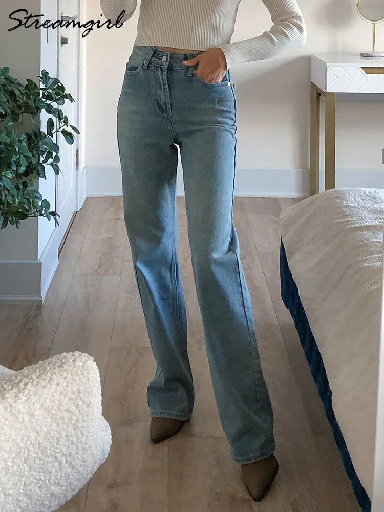 Blue Jeans Women High Waist 2025 Loose Casual Boyfriend Long Jeans For Work Ladies Simple Straight Leg Denim Pants For Women