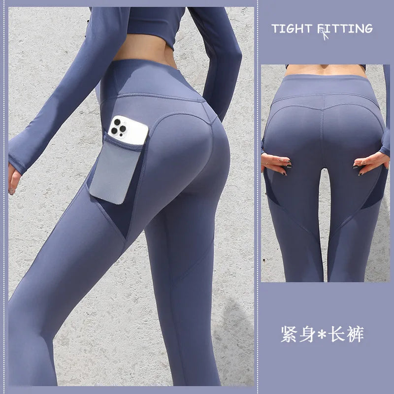 New High Waist Women's Leggings Stretch Yoga Pants Tights With Pockets Push Up Fitness Running Sportswear Solid Color Pants
