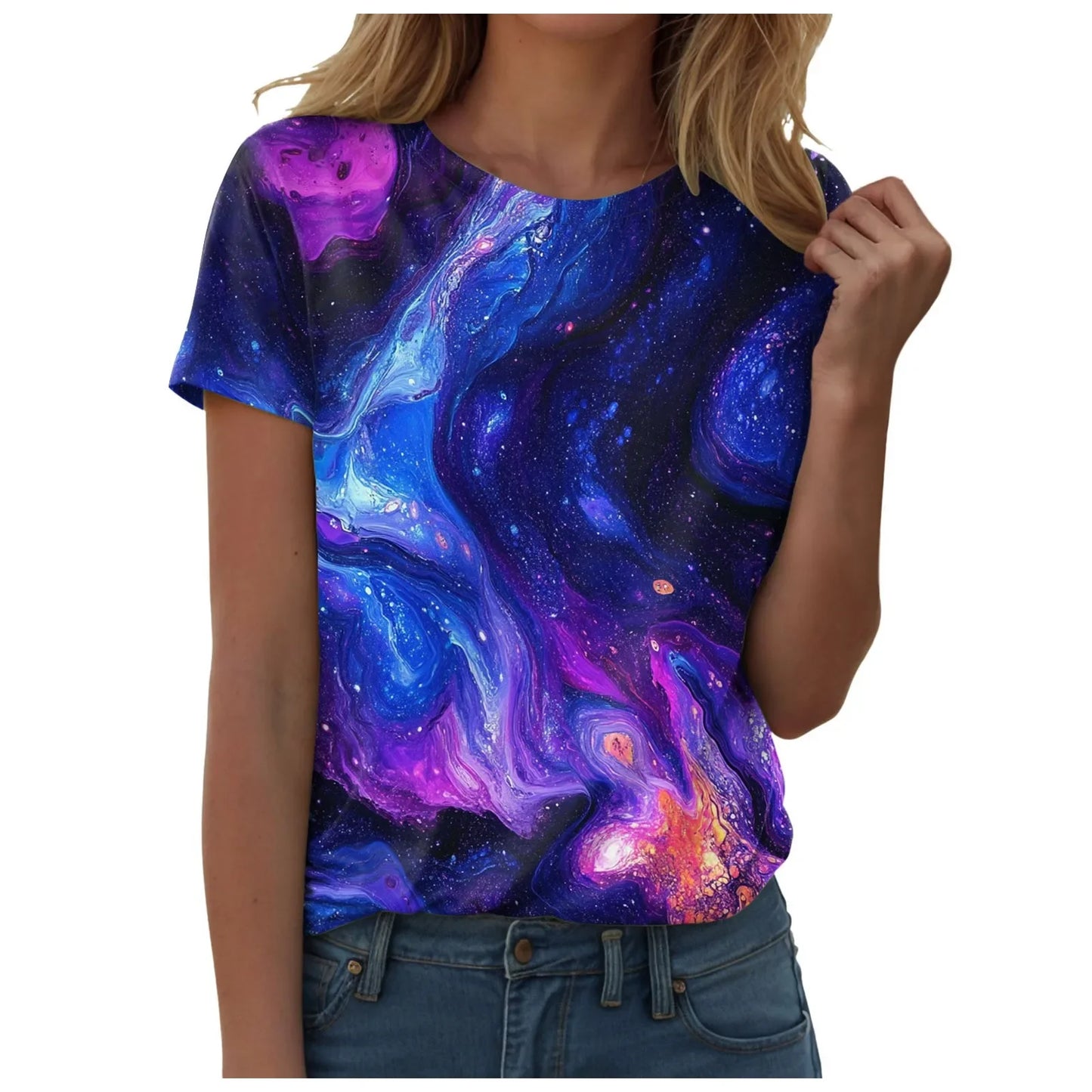 Top blouse woman trend 2025 women 3D galaxy print t shirts glitter shirts blouse fashionable Starry Sky summer ropa para Mujer