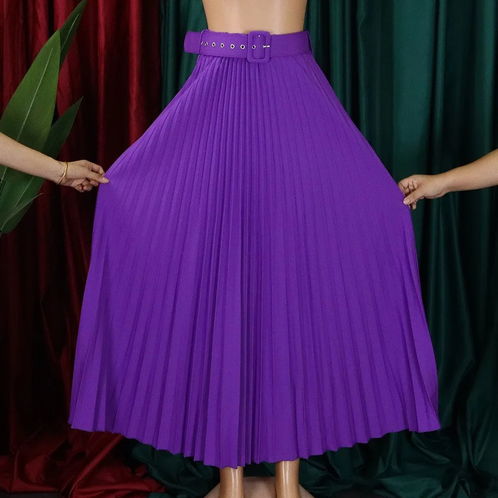 Elegant Pleated Skirts for Woman 2024 New High Waisted Belt Waisted Ankle Length Autumn Winter Wear Bottoms Skirts Clothes Hot