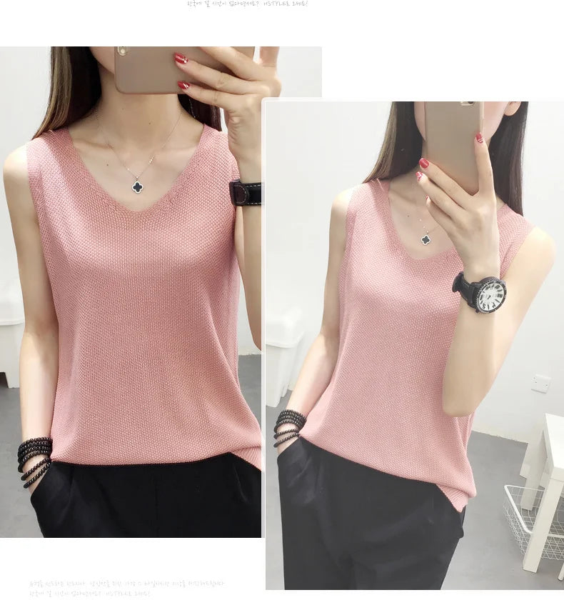 Top women Summer V Neck Hollow Knitted Vest Sleeveless Casual Tank Blusas Tops Sheer Mesh Patchwork T Shirt Bottom Camisole 2019