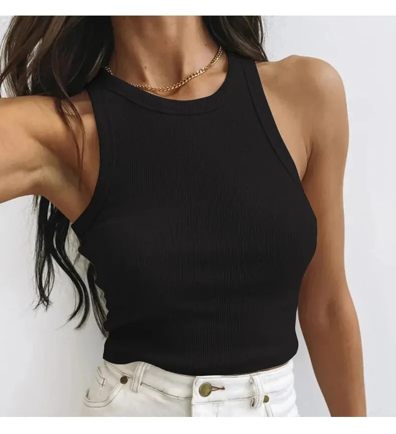 Women's Tank Top Crop Sexy Off Shoulder O Neck Solid Ribbed Knitted Casual Sport Vest Basic Elastic Camisole
