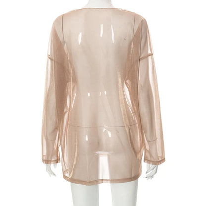 See Through T Shirts For Women Y2k Clothes Sexy Crop Tops Long Sleeve Oversized Tshirt O-Neck Club Outfit Reflective Egirl Tees