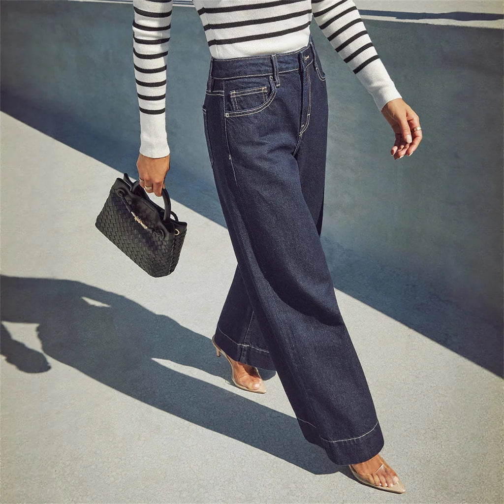 Fashion Wide Leg Jeans Women 2025 Spring Autumn New Retro High Waist Pant Solid Chic Casual Trousers Office Lady Street Pants