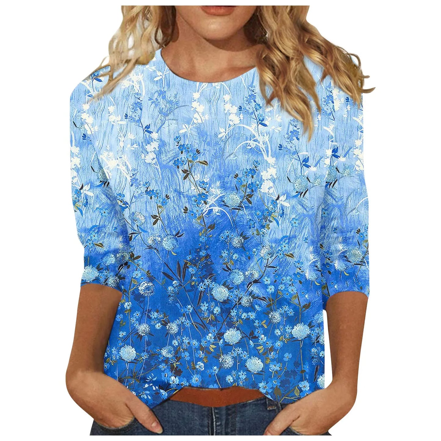 2024 Women Summer Tops Comfortable T Shirt Fashion Flower Print Round Neck 3/4 Sleeve Tops Soft Versatile Pullover Ropa De Mujer