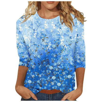 2024 Women Summer Tops Comfortable T Shirt Fashion Flower Print Round Neck 3/4 Sleeve Tops Soft Versatile Pullover Ropa De Mujer