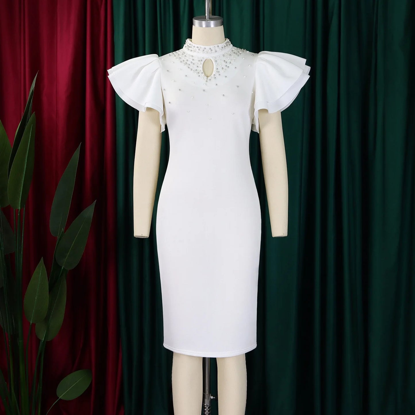 Elegant Dresses for Women O Neck Ruffles Sleeve Beaded Sheath Package Hips Mid Calf Luxury Birthday Party Dinner Vestidos Mujer